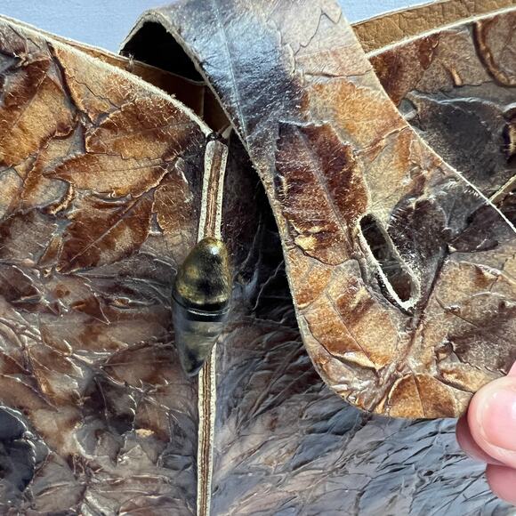 Luxury Artisan Leather Leaf Texture Tote Bag Handmade Brown Earthy Boho Heritage - Picture 8 of 16